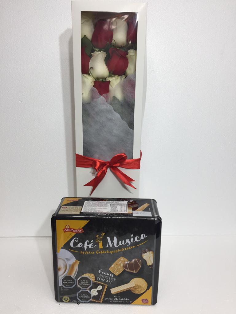 Caja con 12 Rosas y Galletas Surtidas Griesson Caf y Msica 1 kg